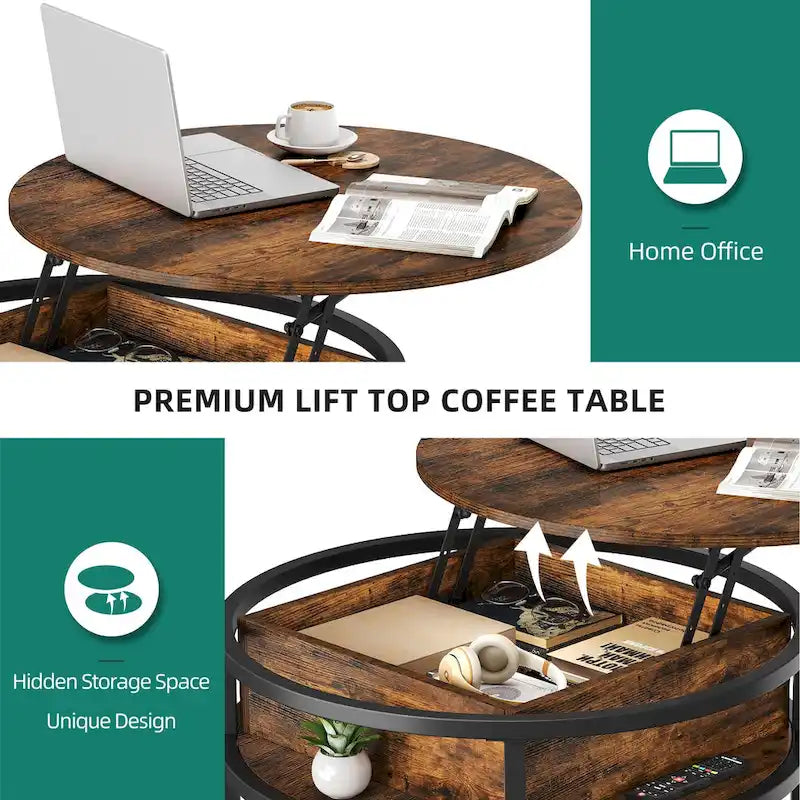 Table basse ronde à plateau relevable et structure extensible avec rangement dissimulé