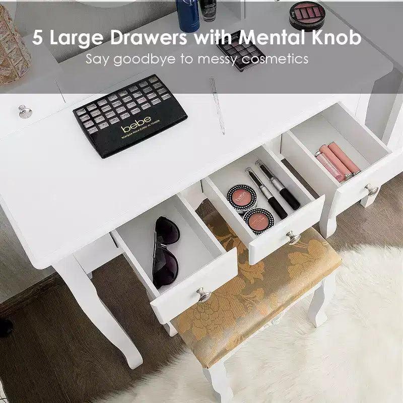 Costway Coiffeuse Table de Maquillage 5 Tabouret
