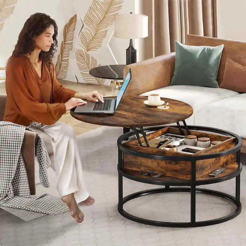Table basse ronde à plateau relevable et structure extensible avec rangement dissimulé