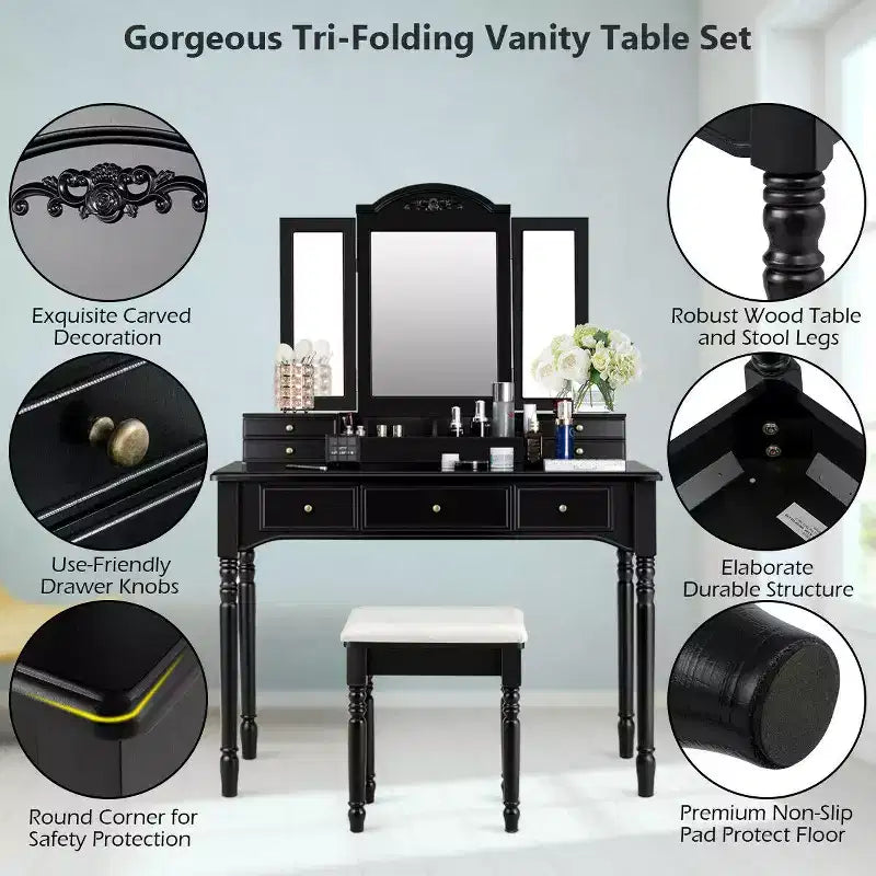 Costway Coiffeuse 7 Tiroirs avec Miroir Triple Pliant
