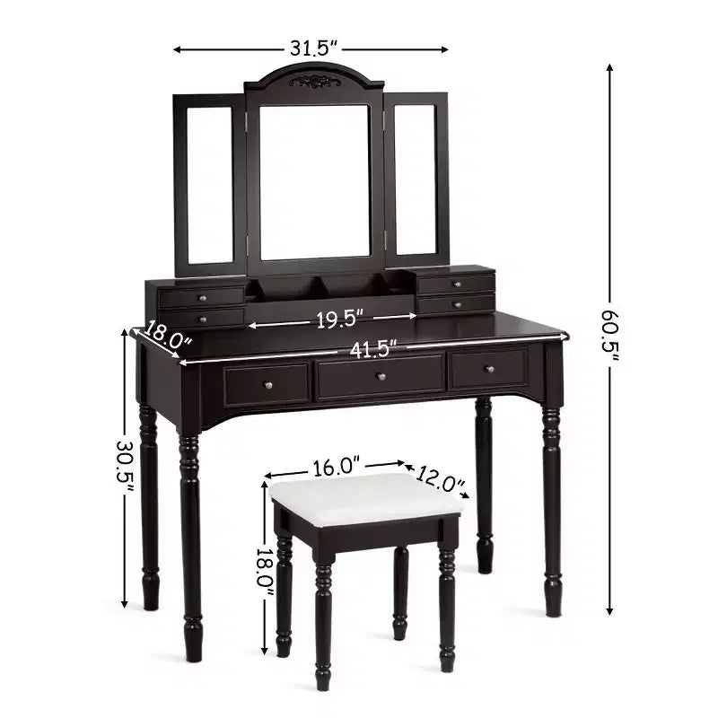 Costway Coiffeuse 7 Tiroirs avec Miroir Triple Pliant
