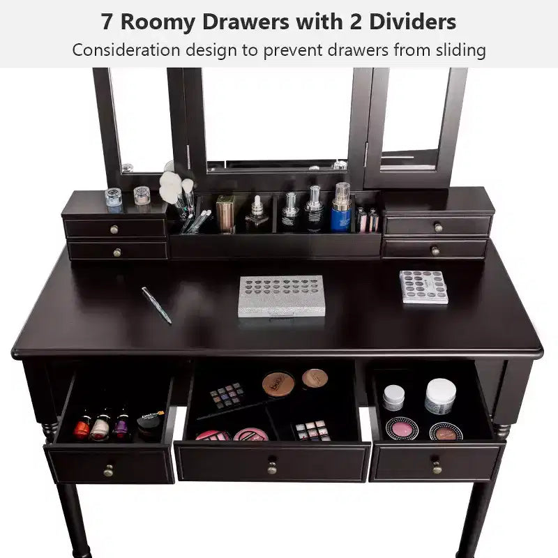 Costway Coiffeuse 7 Tiroirs avec Miroir Triple Pliant