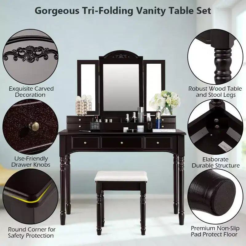 Costway Coiffeuse 7 Tiroirs avec Miroir Triple Pliant