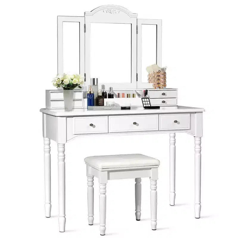Costway Coiffeuse 7 Tiroirs avec Miroir Triple Pliant