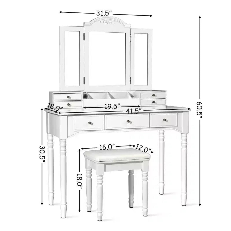 Costway Coiffeuse 7 Tiroirs avec Miroir Triple Pliant