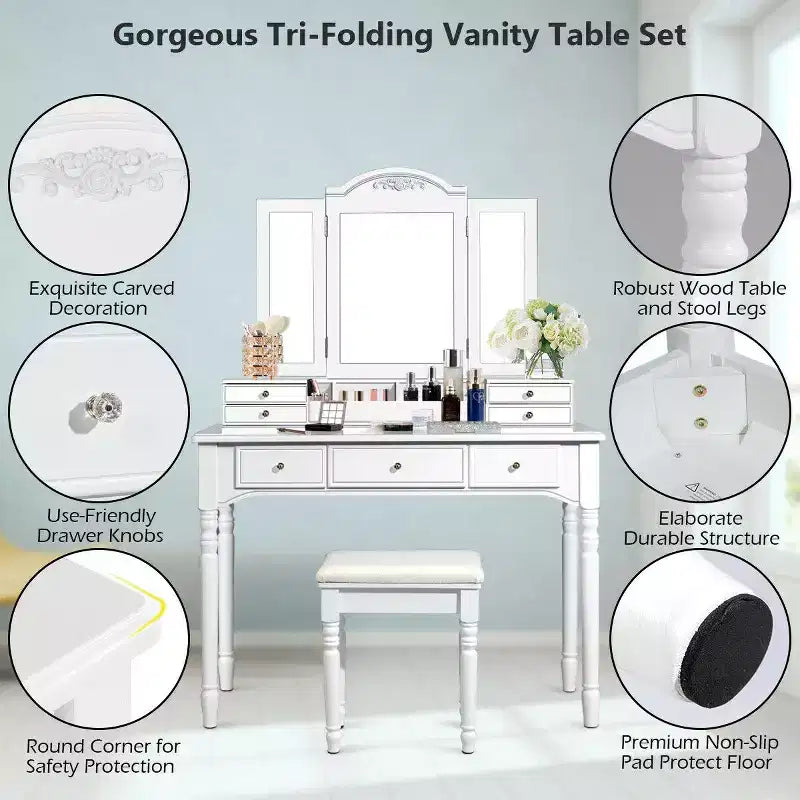 Costway Coiffeuse 7 Tiroirs avec Miroir Triple Pliant