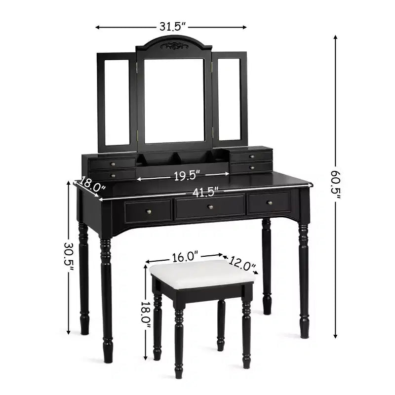 Costway Coiffeuse 7 Tiroirs avec Miroir Triple Pliant