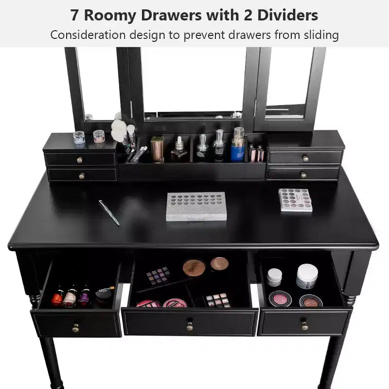 Costway Coiffeuse 7 Tiroirs avec Miroir Triple Pliant