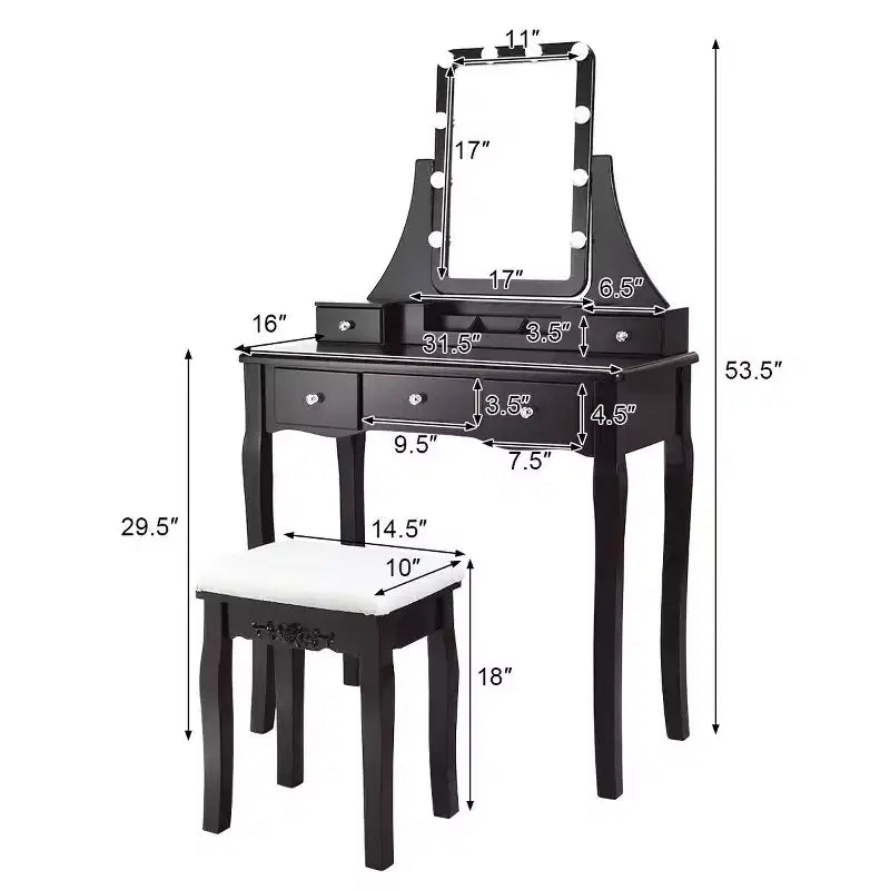 Coiffeuse Costway avec miroir amovible et 10 ampoules à intensité réglable avec interrupteur tactile