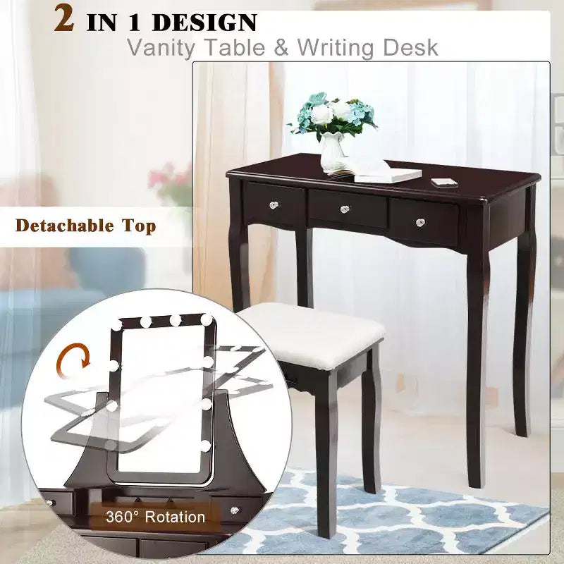 Coiffeuse Costway avec miroir amovible et 10 ampoules à intensité réglable avec interrupteur tactile