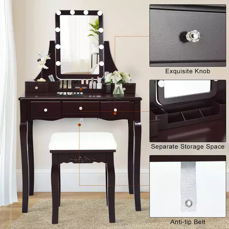 Coiffeuse Costway avec miroir amovible et 10 ampoules à intensité réglable avec interrupteur tactile
