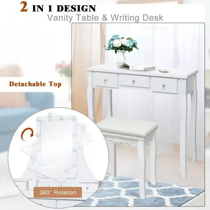 Coiffeuse Costway avec miroir amovible et 10 ampoules à intensité réglable avec interrupteur tactile