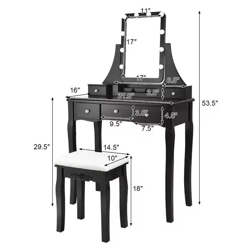 Coiffeuse Costway avec miroir amovible et 10 ampoules à intensité réglable avec interrupteur tactile