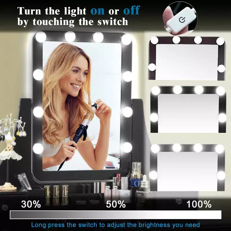 Coiffeuse Costway avec miroir amovible et 10 ampoules à intensité réglable avec interrupteur tactile