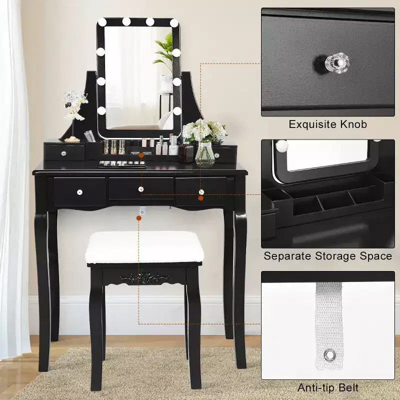 Coiffeuse Costway avec miroir amovible et 10 ampoules à intensité réglable avec interrupteur tactile