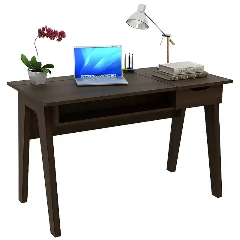 Coiffeuse Costway avec miroir rabattable, bureau d'ordinateur avec tiroir de rangement, noyer