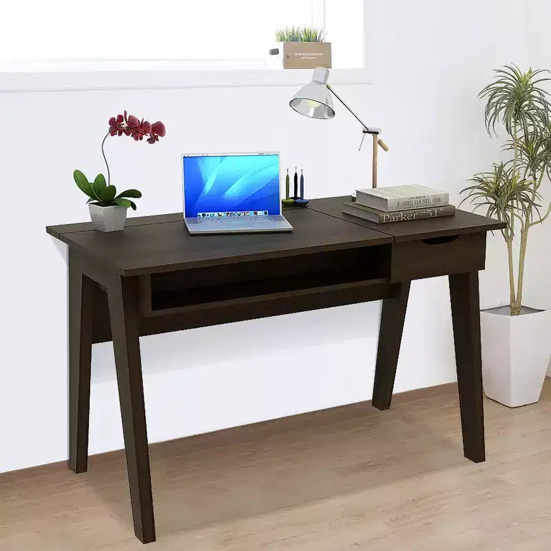 Coiffeuse Costway avec miroir rabattable, bureau d'ordinateur avec tiroir de rangement, noyer