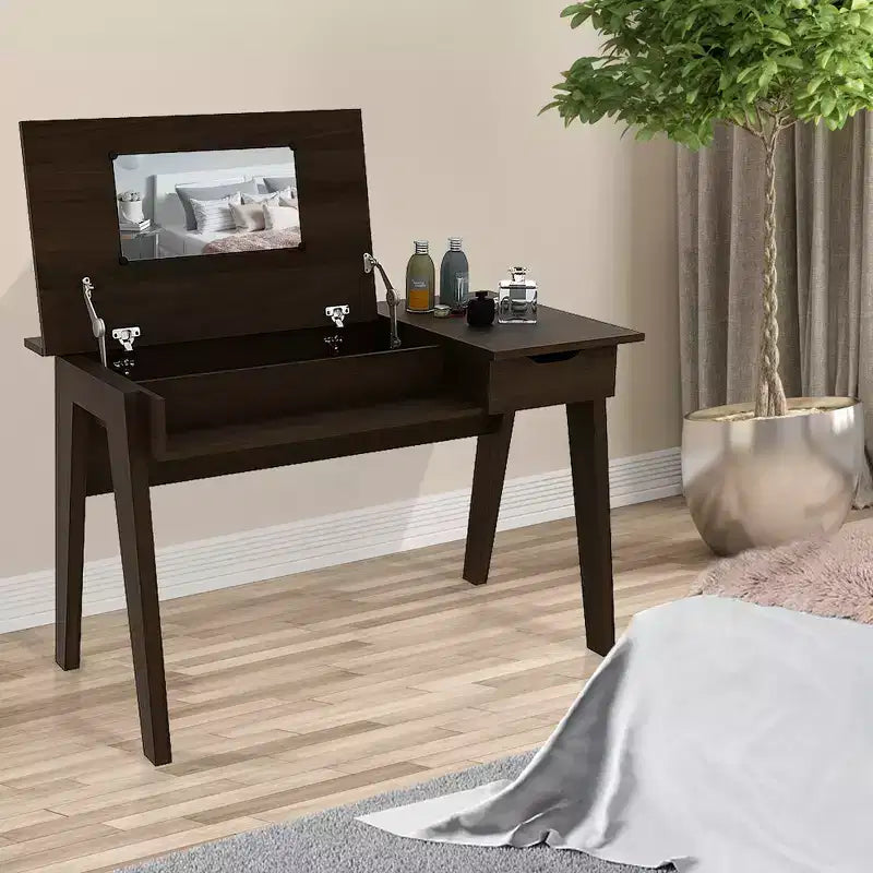 Coiffeuse Costway avec miroir rabattable, bureau d'ordinateur avec tiroir de rangement, noyer