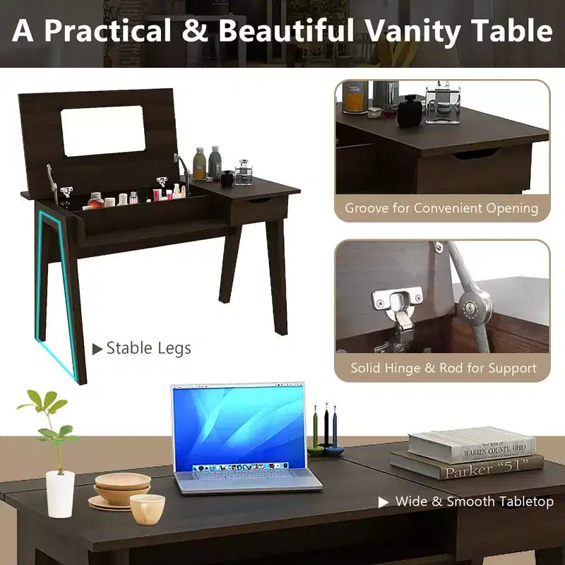 Coiffeuse Costway avec miroir rabattable, bureau d'ordinateur avec tiroir de rangement, noyer