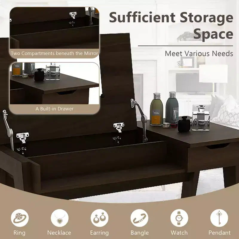 Coiffeuse Costway avec miroir rabattable, bureau d'ordinateur avec tiroir de rangement, noyer