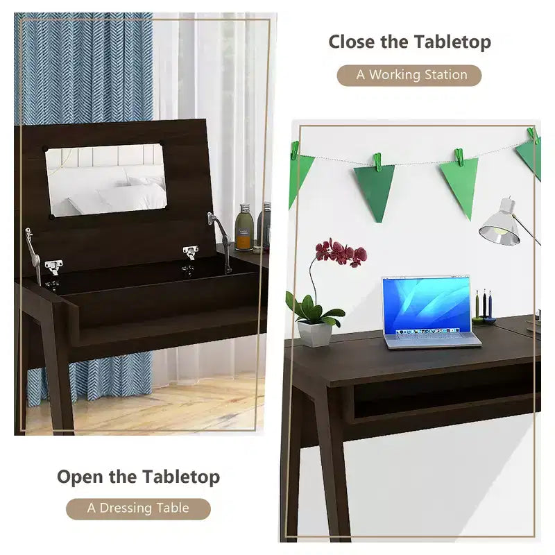 Coiffeuse Costway avec miroir rabattable, bureau d'ordinateur avec tiroir de rangement, noyer