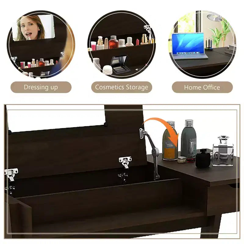 Coiffeuse Costway avec miroir rabattable, bureau d'ordinateur avec tiroir de rangement, noyer