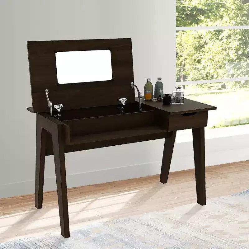 Coiffeuse Costway avec miroir rabattable, bureau d'ordinateur avec tiroir de rangement, noyer