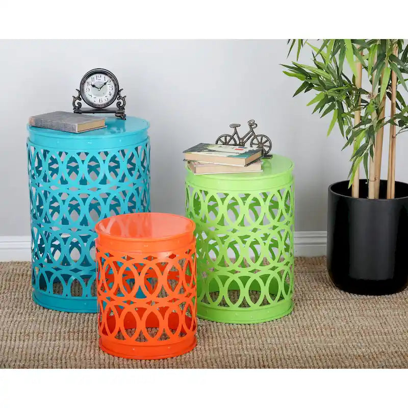 Tables d'appoint gigognes multicolores en métal, style intérieur/extérieur, avec motif sculpté (lot de 3) - S/3 23, 19, 15H