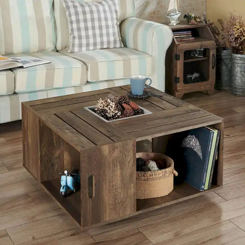 DH BASIC Rustic Oak 32-inch Open Shelf Mobile Coffee Table by Denhour