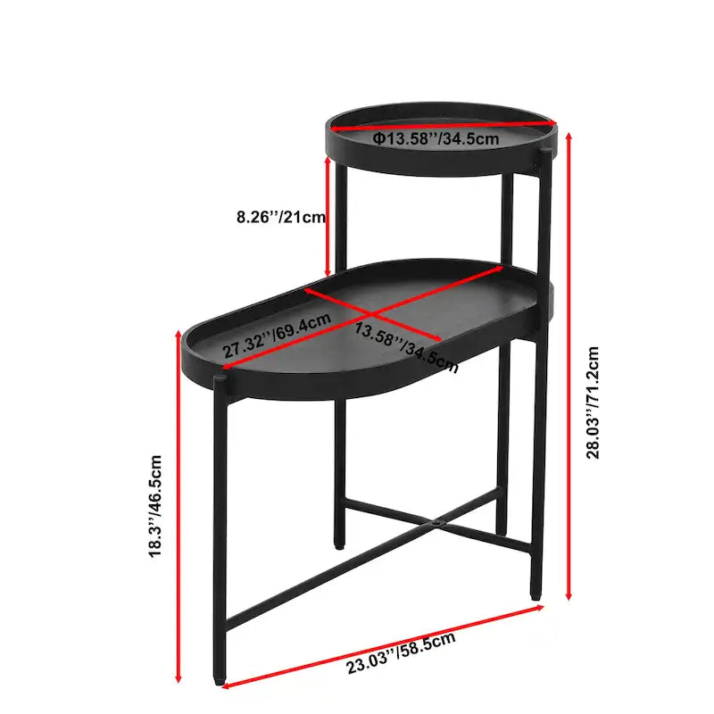 Table d'appoint noire à 2 niveaux avec rangement, table basse pour salon, structure en métal et table de chevet en bois