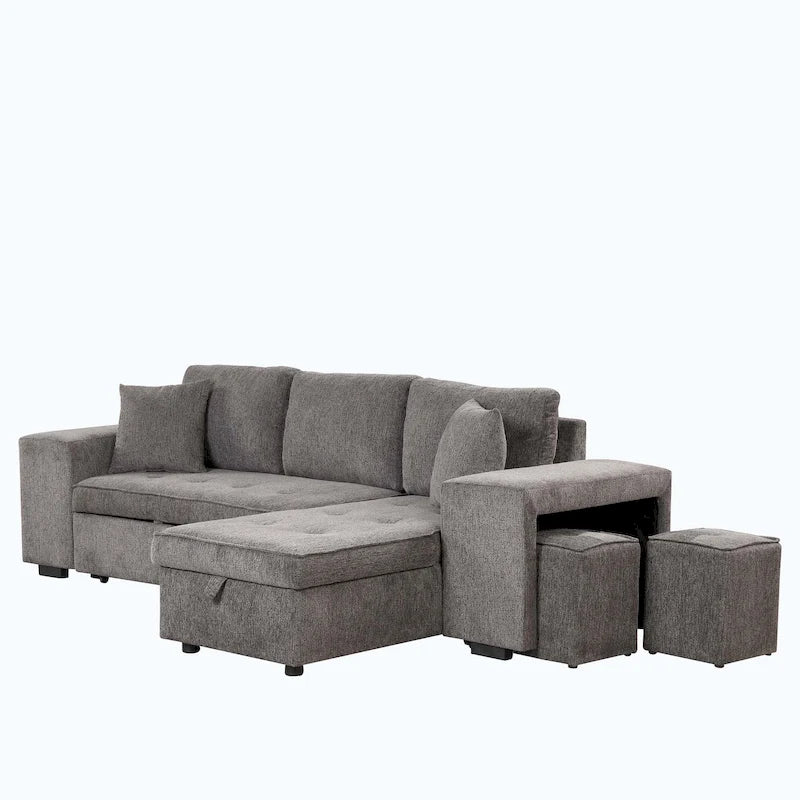 Canapé d'angle moderne en forme de L, réversible, 3 places, avec méridienne de rangement et 2 poufs