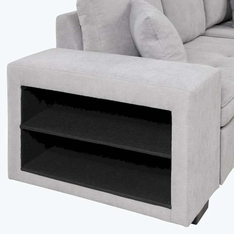 Canapé d'angle moderne en forme de L, réversible, 3 places, avec méridienne de rangement et 2 poufs