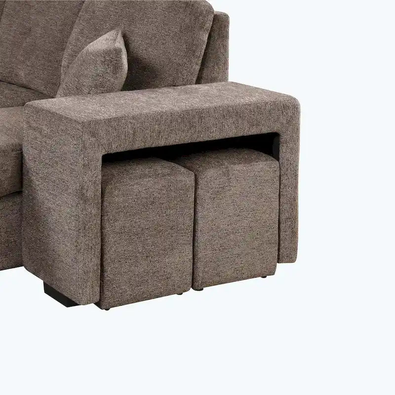 Canapé d'angle moderne en forme de L, réversible, 3 places, avec méridienne de rangement et 2 poufs