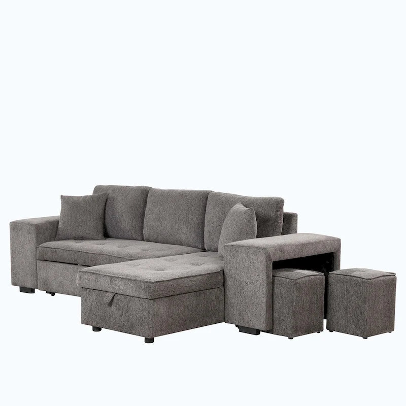 Canapé d'angle moderne en forme de L, réversible, 3 places, avec méridienne de rangement et 2 poufs