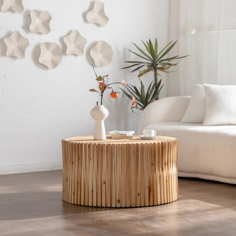 Table basse cylindrique de style rétro avec motif en relief texturé vertical