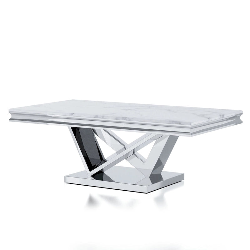 Table basse Kaliki Glam de 130 cm (51 pouces) avec plateau en faux marbre et pied central chromé, par Furniture of America