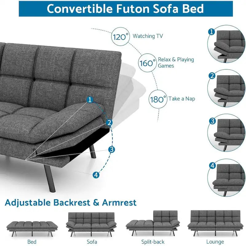 Canapé-lit futon convertible en mousse à mémoire de forme avec dossier inclinable pour les petits espaces.