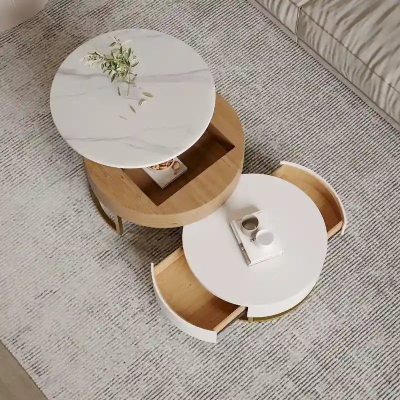 Table basse ronde blanche avec rangement, plateau relevable, en bois, avec tiroirs pivotants, blanc naturel.