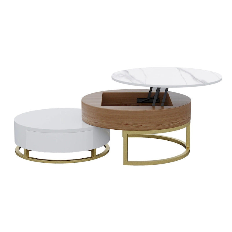 Table basse ronde blanche avec rangement, plateau relevable, en bois, avec tiroirs pivotants, blanc naturel.