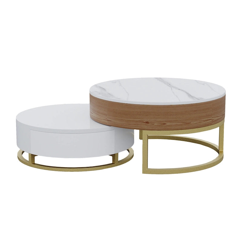 Table basse ronde blanche avec rangement, plateau relevable, en bois, avec tiroirs pivotants, blanc naturel.