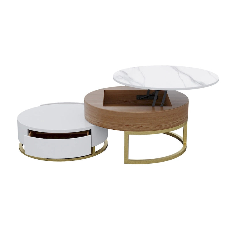 Table basse ronde blanche avec rangement, plateau relevable, en bois, avec tiroirs pivotants, blanc naturel.