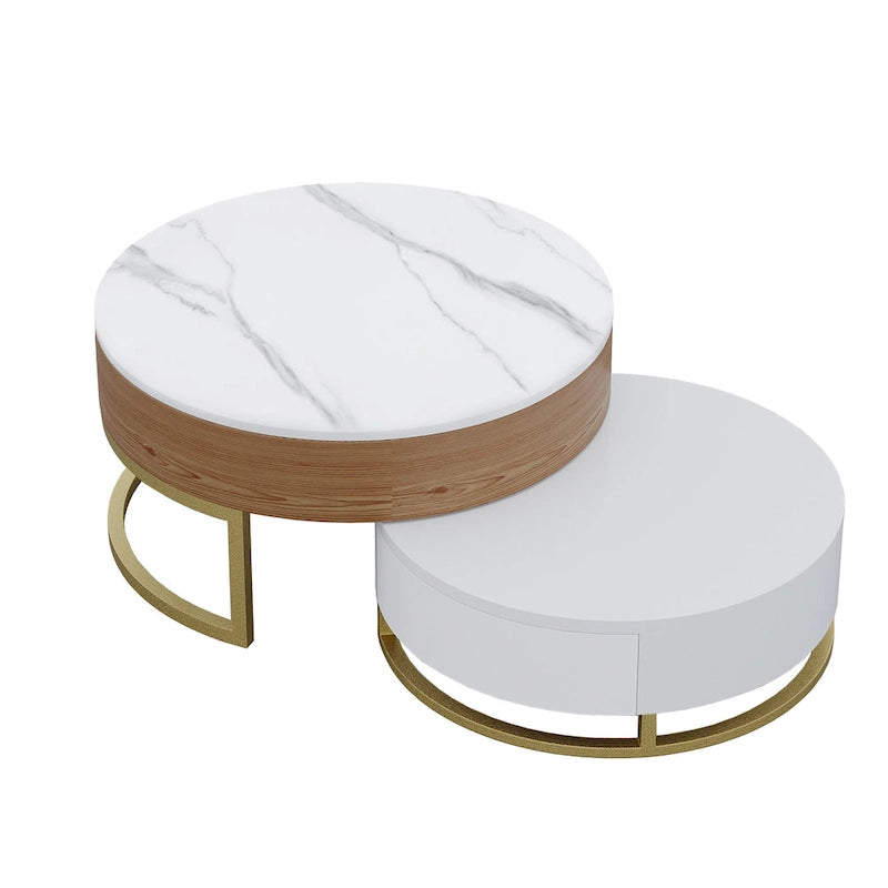 Table basse ronde blanche avec rangement, plateau relevable, en bois, avec tiroirs pivotants, blanc naturel.