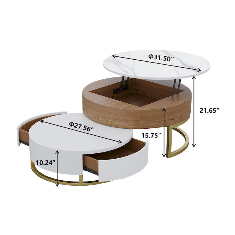 Table basse ronde blanche avec rangement, plateau relevable, en bois, avec tiroirs pivotants, blanc naturel.