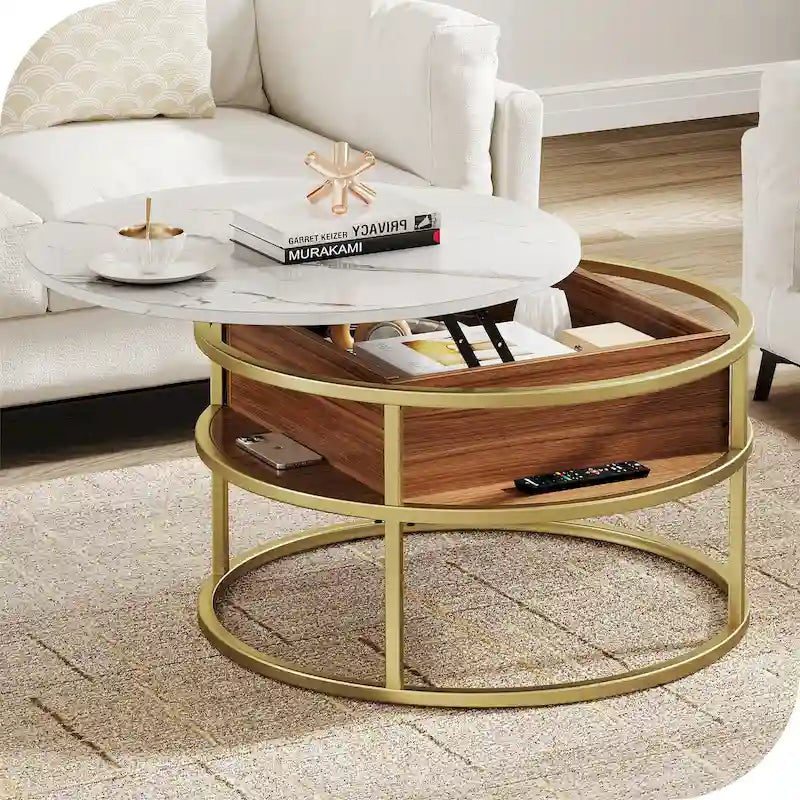 Table basse ronde à plateau relevable et structure extensible avec rangement dissimulé