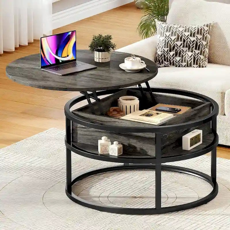 Table basse ronde à plateau relevable et structure extensible avec rangement dissimulé