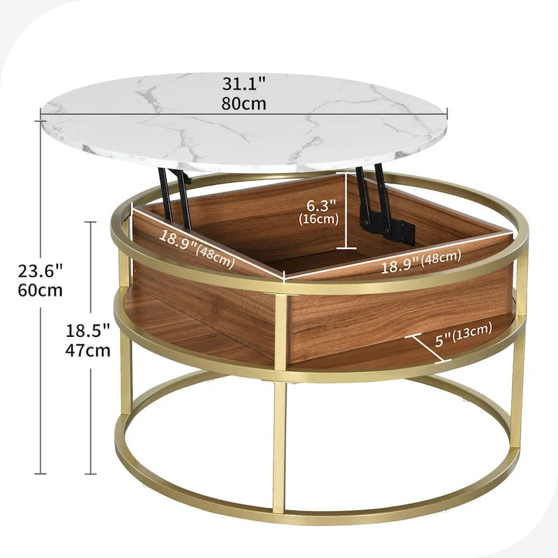 Table basse ronde à plateau relevable et structure extensible avec rangement dissimulé