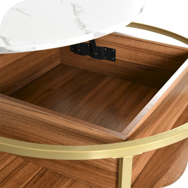 Table basse ronde à plateau relevable et structure extensible avec rangement dissimulé