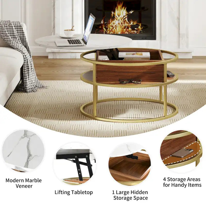 Table basse ronde à plateau relevable et structure extensible avec rangement dissimulé