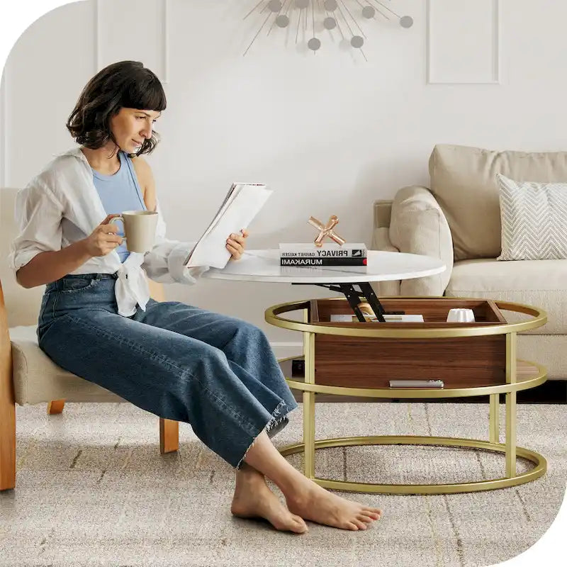 Table basse ronde à plateau relevable et structure extensible avec rangement dissimulé