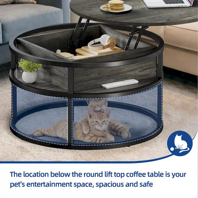 Table basse ronde à plateau relevable et structure extensible avec rangement dissimulé